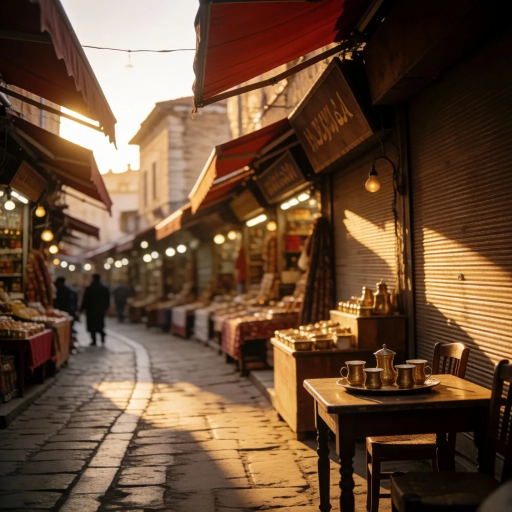 Çarşı akşam ışığında, dükkanlar kapanmak üzere