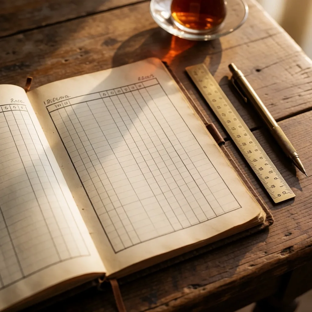 Esnaf masasında açık defter ve hesap cetveli